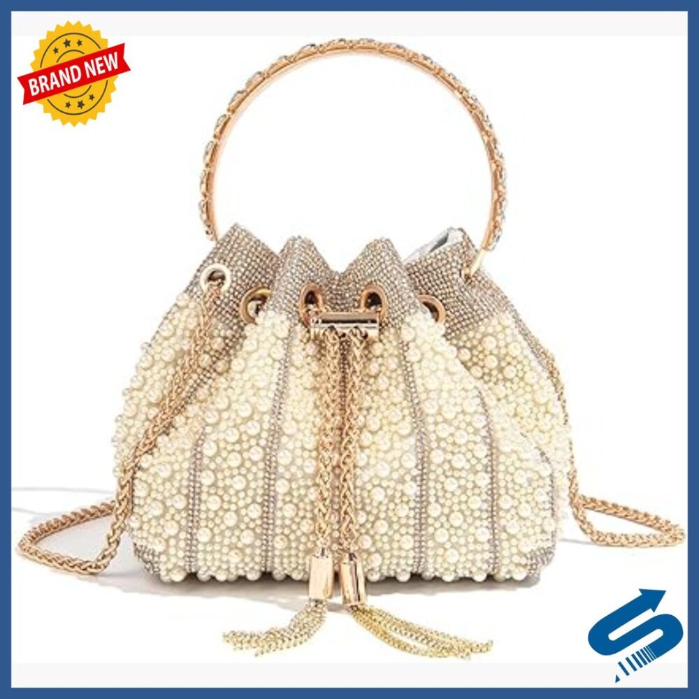 Vintage Rhinestone Pearl Bucket Clutch Crossbody Evening Bag